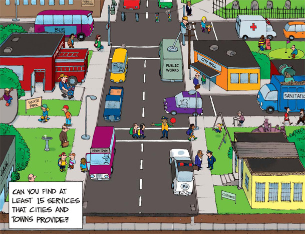 Can you find at least 15 services that cities and towns provide?